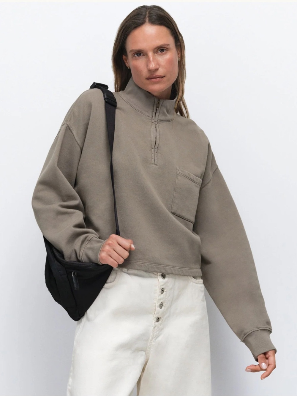 NWT Mate the Label Organic Fleece Cropped Half Zip Sweatshirt